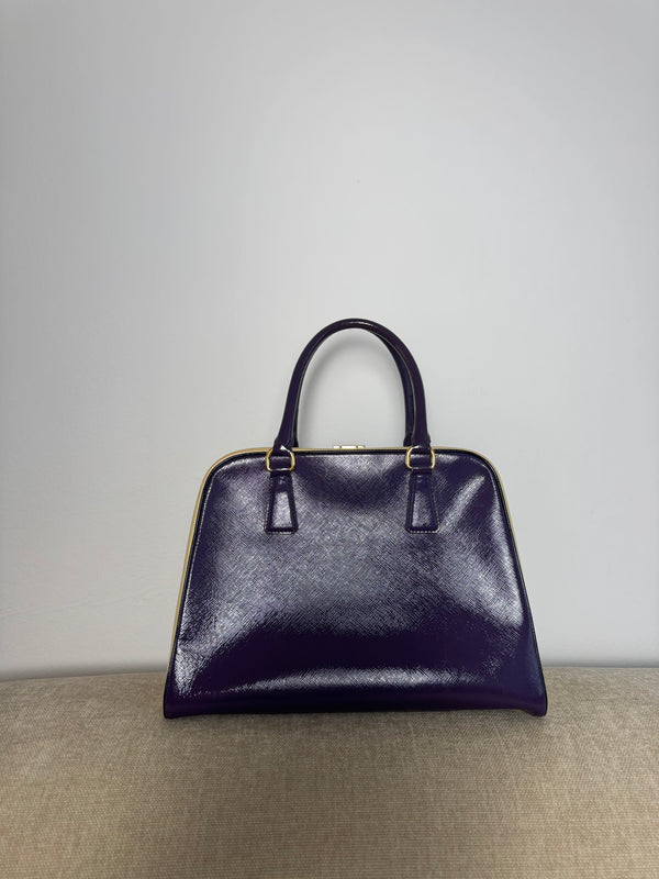 Prada Purple Cream Saffiano Vernic Leather Pyramid Frame Satchel Handbag Large Metal Gold Top Handle Closure 2010s