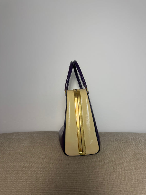 Prada Purple Cream Saffiano Vernic Leather Pyramid Frame Satchel Handbag Large Metal Gold Top Handle Closure 2010s