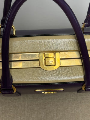 Prada Purple Cream Saffiano Vernic Leather Pyramid Frame Satchel Handbag Large Metal Gold Top Handle Closure 2010s