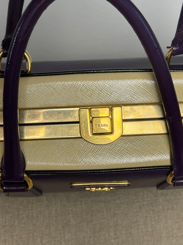Prada Purple Cream Saffiano Vernic Leather Pyramid Frame Satchel Handbag Large Metal Gold Top Handle Closure 2010s