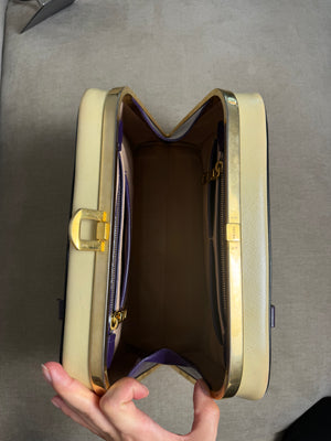 Prada Purple Cream Saffiano Vernic Leather Pyramid Frame Satchel Handbag Large Metal Gold Top Handle Closure 2010s