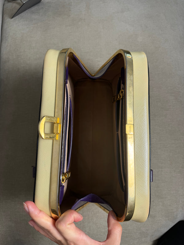 Prada Purple Cream Saffiano Vernic Leather Pyramid Frame Satchel Handbag Large Metal Gold Top Handle Closure 2010s