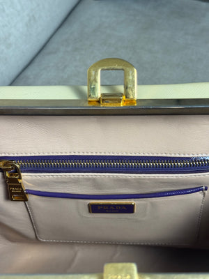 Prada Purple Cream Saffiano Vernic Leather Pyramid Frame Satchel Handbag Large Metal Gold Top Handle Closure 2010s