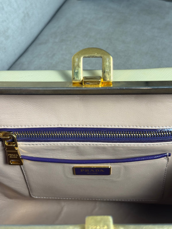 Prada Purple Cream Saffiano Vernic Leather Pyramid Frame Satchel Handbag Large Metal Gold Top Handle Closure 2010s