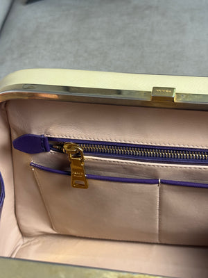 Prada Purple Cream Saffiano Vernic Leather Pyramid Frame Satchel Handbag Large Metal Gold Top Handle Closure 2010s