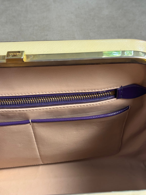 Prada Purple Cream Saffiano Vernic Leather Pyramid Frame Satchel Handbag Large Metal Gold Top Handle Closure 2010s