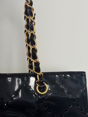 Chanel Vintage Punching CC Coco Mark Double Chain Bag Shoulder Patent Leather Women's Black Quilted Large Tote Shoulder Bag gold hardware