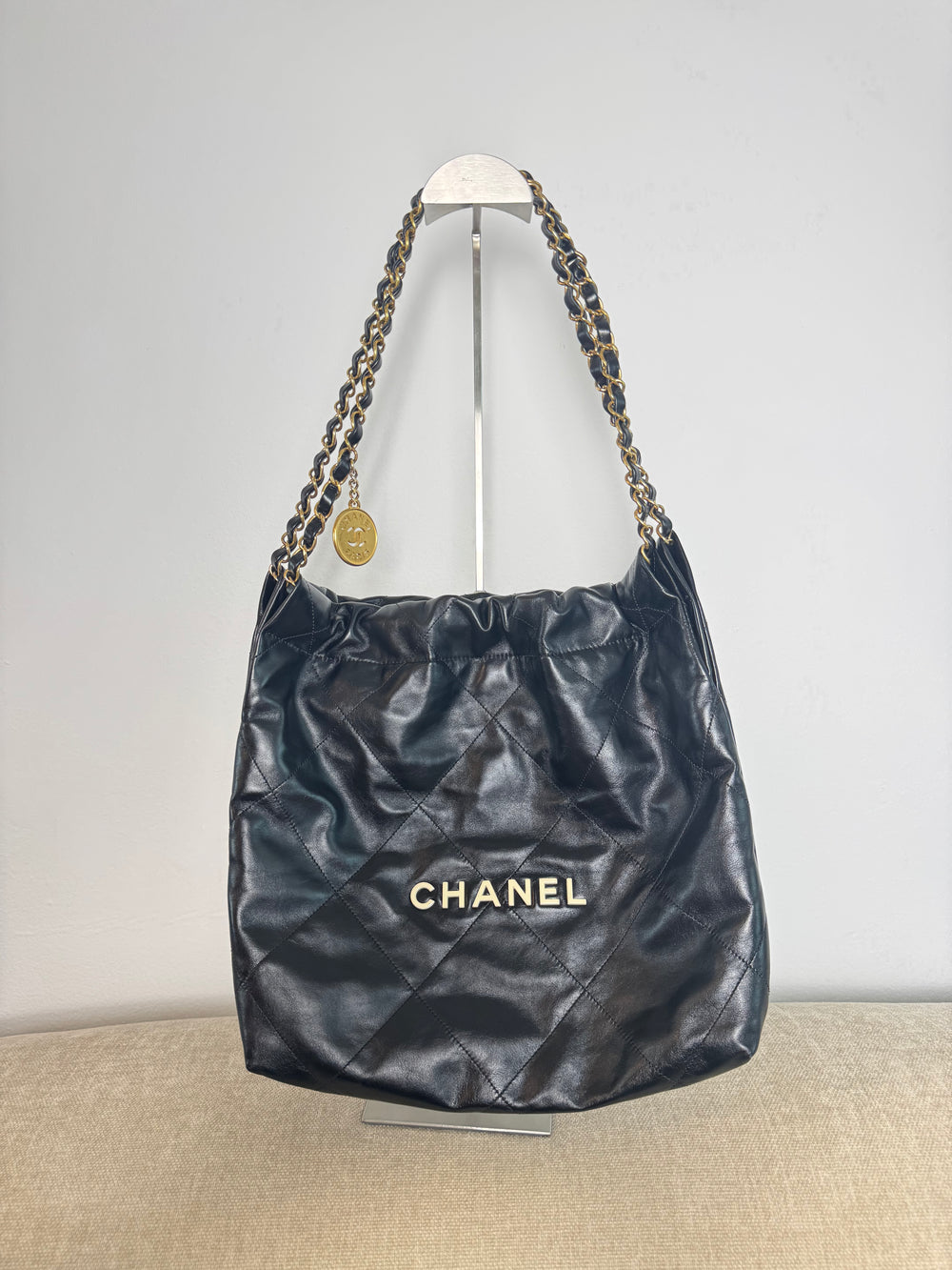 Chanel SS/2022 Black Quilted Shiny Calfskin Leather 22 Hobo Bag Calfskin Leather Gold Chain Shoulder Strap CC cocomark