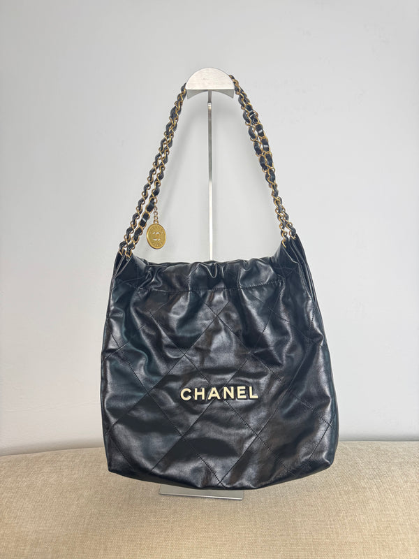 Chanel SS/2022 Black Quilted Shiny Calfskin Leather 22 Hobo Bag Calfskin Leather Gold Chain Shoulder Strap CC cocomark