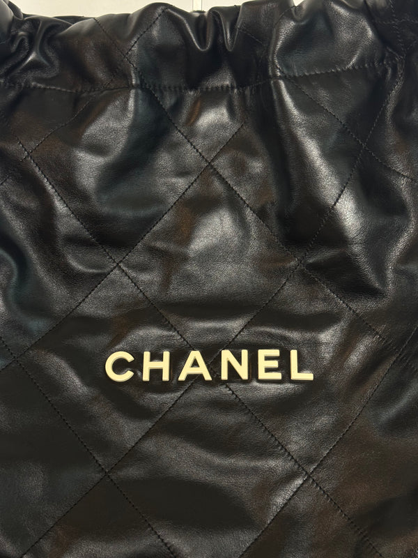 Chanel SS/2022 Black Quilted Shiny Calfskin Leather 22 Hobo Bag Calfskin Leather Gold Chain Shoulder Strap CC cocomark