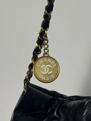 Chanel SS/2022 Black Quilted Shiny Calfskin Leather 22 Hobo Bag Calfskin Leather Gold Chain Shoulder Strap CC cocomark