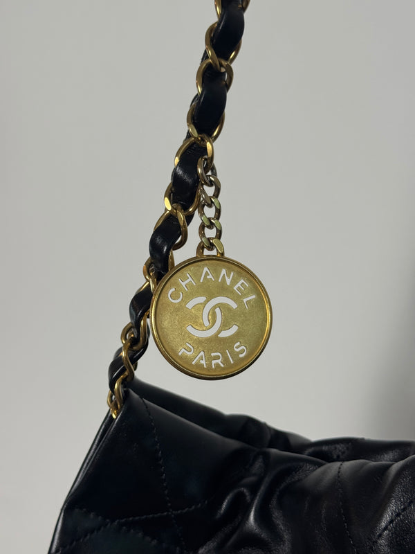Chanel SS/2022 Black Quilted Shiny Calfskin Leather 22 Hobo Bag Calfskin Leather Gold Chain Shoulder Strap CC cocomark
