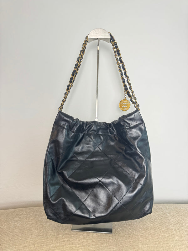 Chanel SS/2022 Black Quilted Shiny Calfskin Leather 22 Hobo Bag Calfskin Leather Gold Chain Shoulder Strap CC cocomark