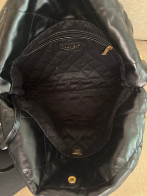 Chanel SS/2022 Black Quilted Shiny Calfskin Leather 22 Hobo Bag Calfskin Leather Gold Chain Shoulder Strap CC cocomark