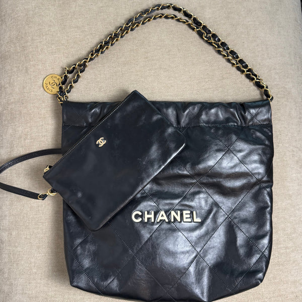 Chanel SS/2022 Black Quilted Shiny Calfskin Leather 22 Hobo Bag Calfskin Leather Gold Chain Shoulder Strap CC cocomark
