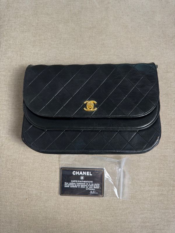 Chanel Vintage 1980s Half Moon Double Flap Shoulder Bag CC cocomark turnlock closure quilted leather 24k GHW classic design