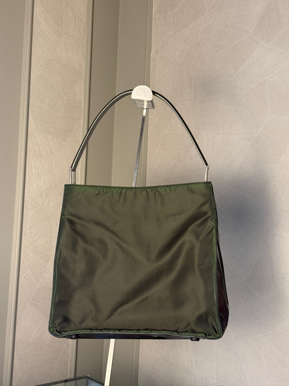 Prada Nylon Leather trim Bag shoulder tote bag khaki metal strap 2000s 90s chic sleek