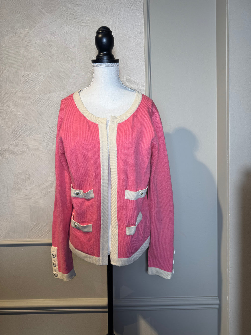 Chanel Vintage Karl Lagerfeld Pink Cream CC button detail 2 pocket raspberry cream trim wool Cardigan Blazer Jacket Classic design