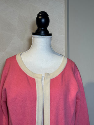 Chanel Vintage Karl Lagerfeld Pink Cream CC button detail 2 pocket raspberry cream trim wool Cardigan Blazer Jacket Classic design