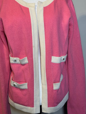 Chanel Vintage Karl Lagerfeld Pink Cream CC button detail 2 pocket raspberry cream trim wool Cardigan Blazer Jacket Classic design