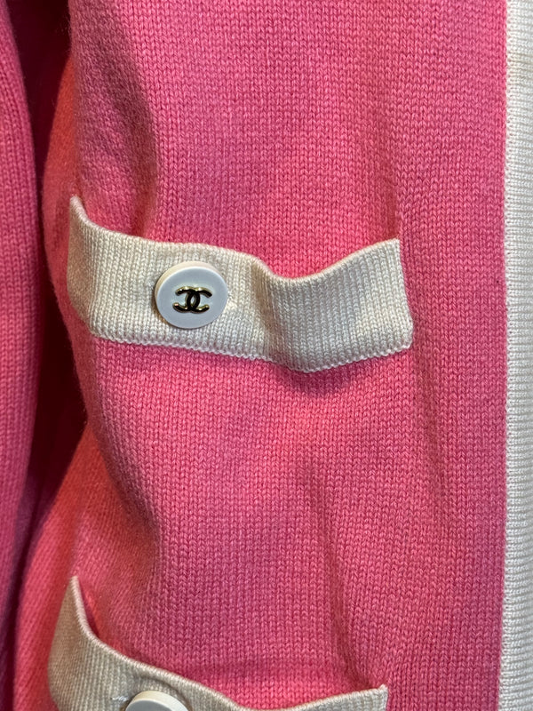 Chanel Vintage Karl Lagerfeld Pink Cream CC button detail 2 pocket raspberry cream trim wool Cardigan Blazer Jacket Classic design