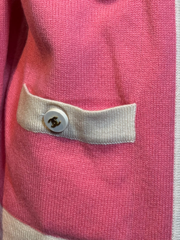 Chanel Vintage Karl Lagerfeld Pink Cream CC button detail 2 pocket raspberry cream trim wool Cardigan Blazer Jacket Classic design
