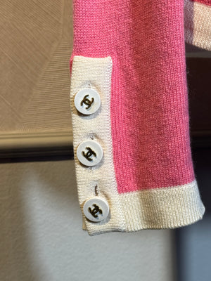 Chanel Vintage Karl Lagerfeld Pink Cream CC button detail 2 pocket raspberry cream trim wool Cardigan Blazer Jacket Classic design