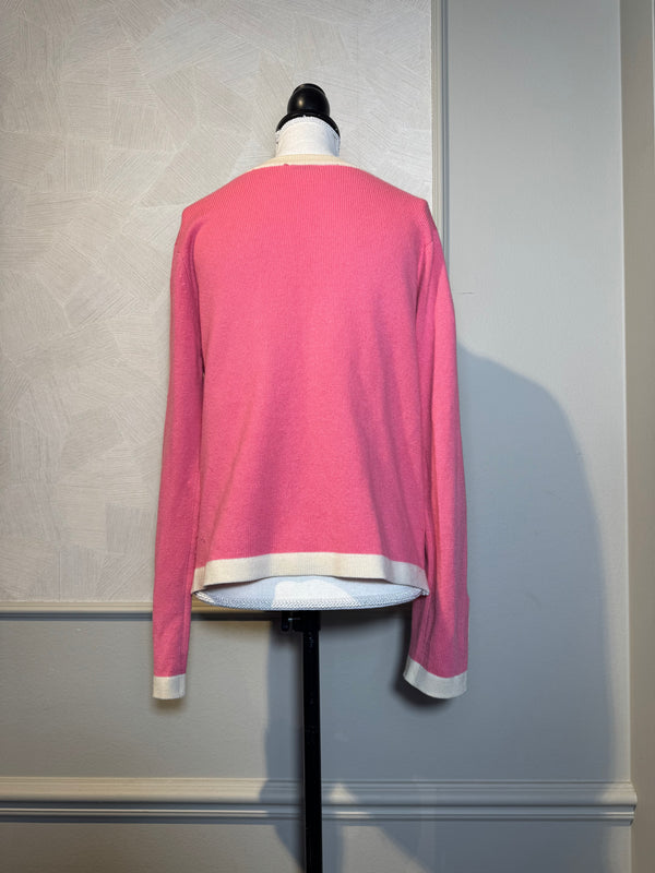 Chanel Vintage Karl Lagerfeld Pink Cream CC button detail 2 pocket raspberry cream trim wool Cardigan Blazer Jacket Classic design