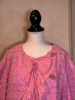 Chanel Cruise Resort 2023 Collection Baby Pink Gold Hardware Bow Ruffle Woven Tweed Classic Jacket S/S Monte Carlo CC coco mark buttons