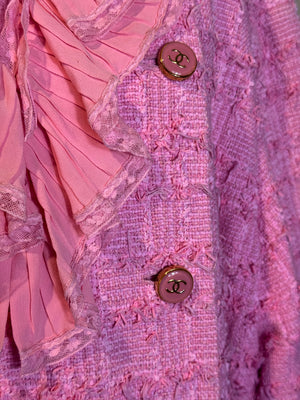 Chanel Cruise Resort 2023 Collection Baby Pink Gold Hardware Bow Ruffle Woven Tweed Classic Jacket S/S Monte Carlo CC coco mark buttons