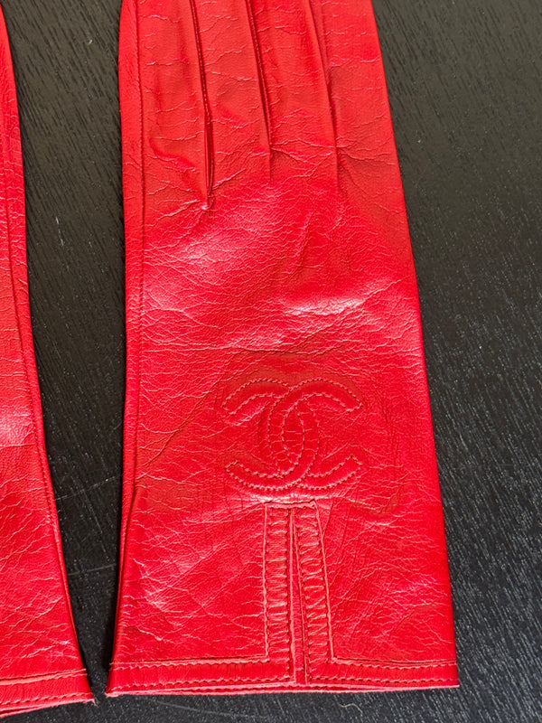Chanel Vintage CC Cocomark logo bright red slim gloves leather fleece lined Karl Lagerfeld logo