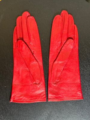 Chanel Vintage CC Cocomark logo bright red slim gloves leather fleece lined Karl Lagerfeld logo