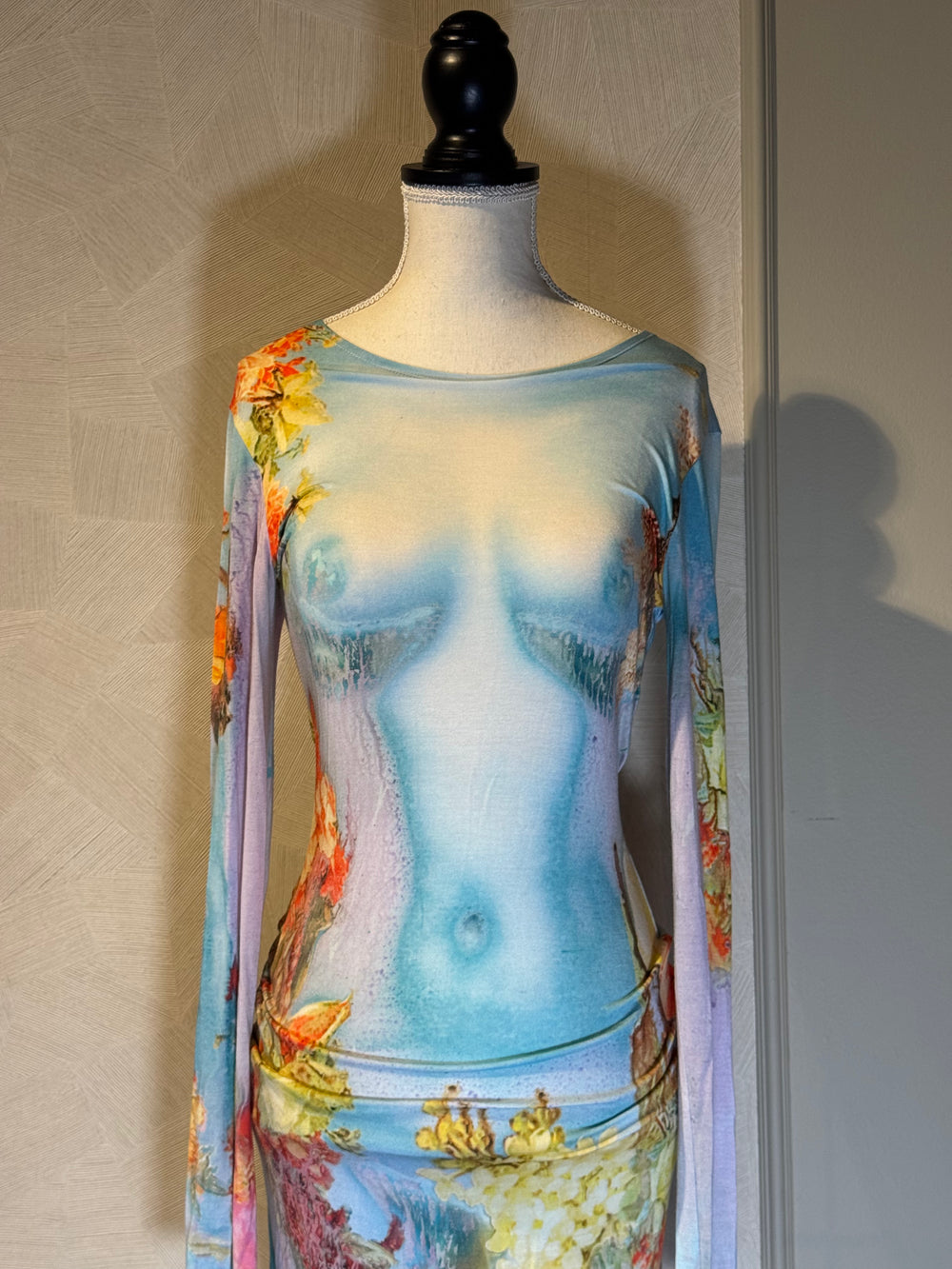 Jean Paul Gaultier Body Flowers stretch-jersey maxi dress 'Love Moi' size S long sleeve mesh mock nude