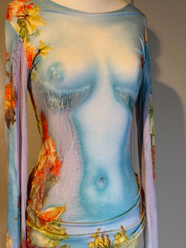 Jean Paul Gaultier Body Flowers stretch-jersey maxi dress 'Love Moi' size S long sleeve mesh mock nude
