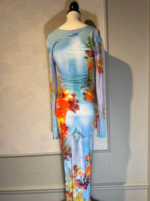 Jean Paul Gaultier Body Flowers stretch-jersey maxi dress 'Love Moi' size S long sleeve mesh mock nude