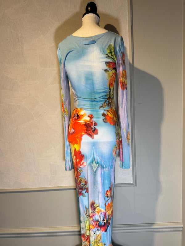Jean Paul Gaultier Body Flowers stretch-jersey maxi dress 'Love Moi' size S long sleeve mesh mock nude
