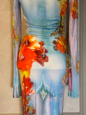 Jean Paul Gaultier Body Flowers stretch-jersey maxi dress 'Love Moi' size S long sleeve mesh mock nude