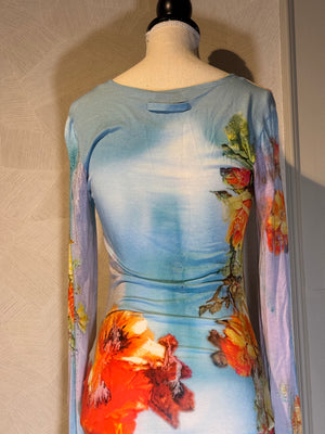 Jean Paul Gaultier Body Flowers stretch-jersey maxi dress 'Love Moi' size S long sleeve mesh mock nude