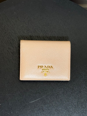 Prada Small Saffiano Leather Wallet Card Holder in Clay/Water Lily bi-fold wallet gold-toned Prada lettering red interior