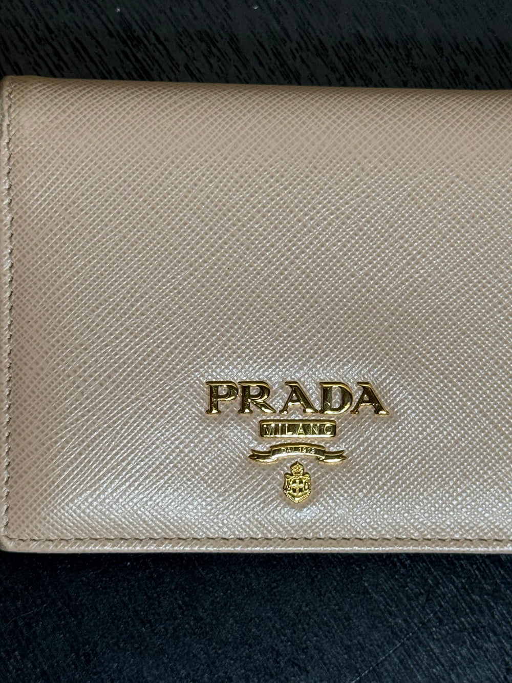 Prada Small Saffiano Leather Wallet Card Holder in Clay/Water Lily bi-fold wallet gold-toned Prada lettering red interior