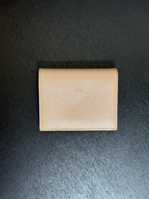 Prada Small Saffiano Leather Wallet Card Holder in Clay/Water Lily bi-fold wallet gold-toned Prada lettering red interior