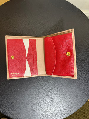 Prada Small Saffiano Leather Wallet Card Holder in Clay/Water Lily bi-fold wallet gold-toned Prada lettering red interior
