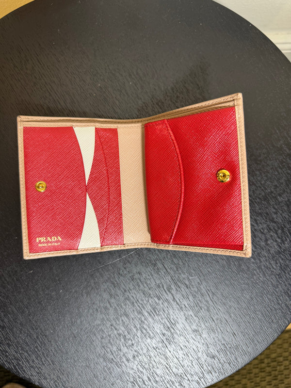 Prada Small Saffiano Leather Wallet Card Holder in Clay/Water Lily bi-fold wallet gold-toned Prada lettering red interior