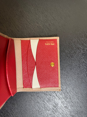 Prada Small Saffiano Leather Wallet Card Holder in Clay/Water Lily bi-fold wallet gold-toned Prada lettering red interior