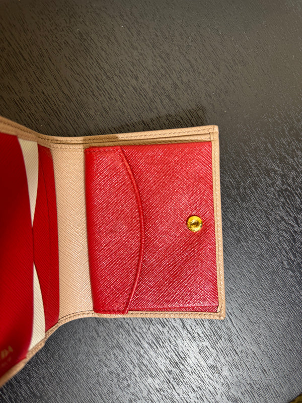 Prada Small Saffiano Leather Wallet Card Holder in Clay/Water Lily bi-fold wallet gold-toned Prada lettering red interior