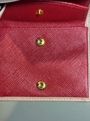 Prada Small Saffiano Leather Wallet Card Holder in Clay/Water Lily bi-fold wallet gold-toned Prada lettering red interior
