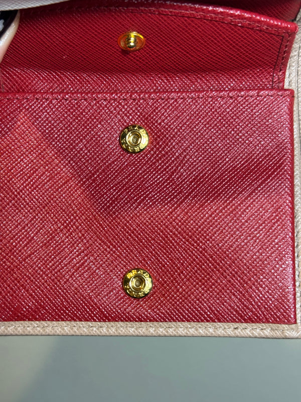 Prada Small Saffiano Leather Wallet Card Holder in Clay/Water Lily bi-fold wallet gold-toned Prada lettering red interior