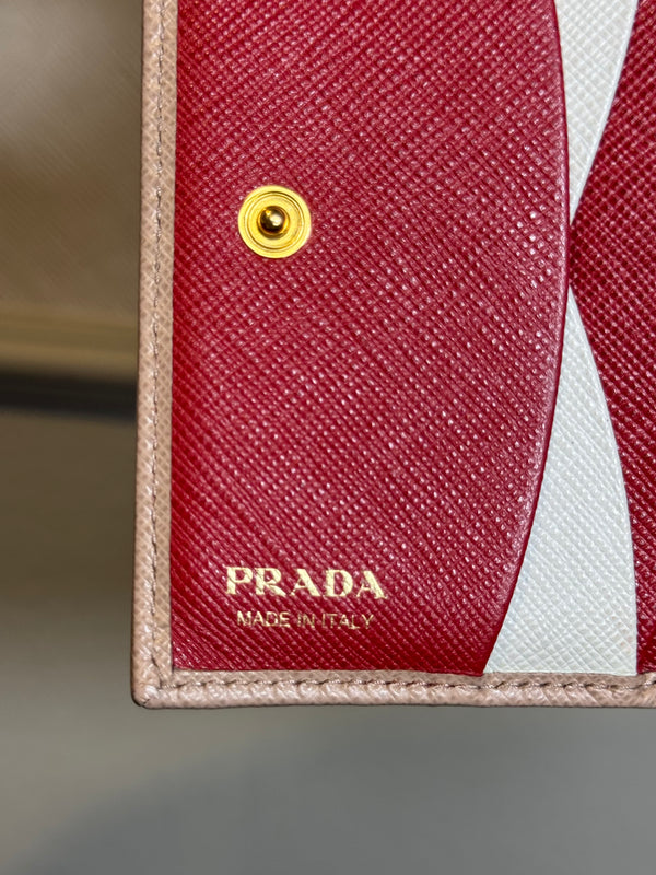 Prada Small Saffiano Leather Wallet Card Holder in Clay/Water Lily bi-fold wallet gold-toned Prada lettering red interior