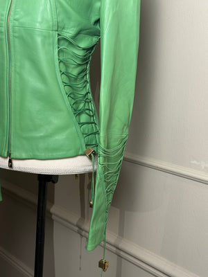 Versace bright Green Leather Jacket Lace up Corset racer jacket medusa detailing edgy chic fitted gold toggles medusa