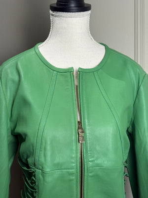 Versace bright Green Leather Jacket Lace up Corset racer jacket medusa detailing edgy chic fitted gold toggles medusa